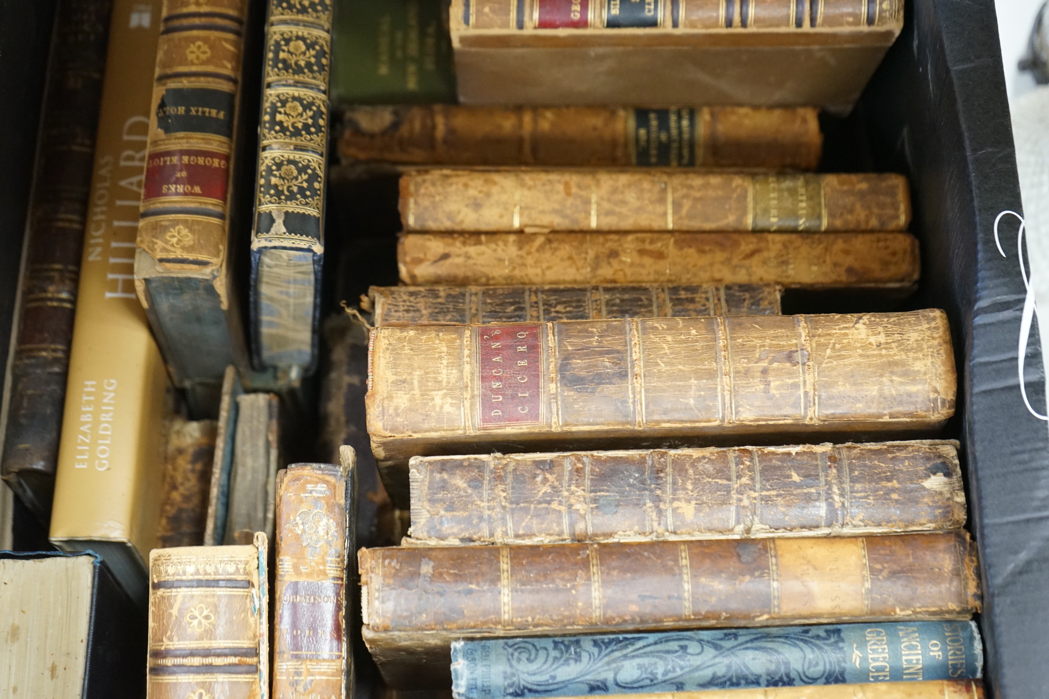 Books Miscellany - cloth and leather bound; older and newer; including: Blome's The History of the Holy Bible. num engraved plates, old leather, folio. 1752; Elizabeth Goldring - Nicholas Hilliard: The life of an artist.